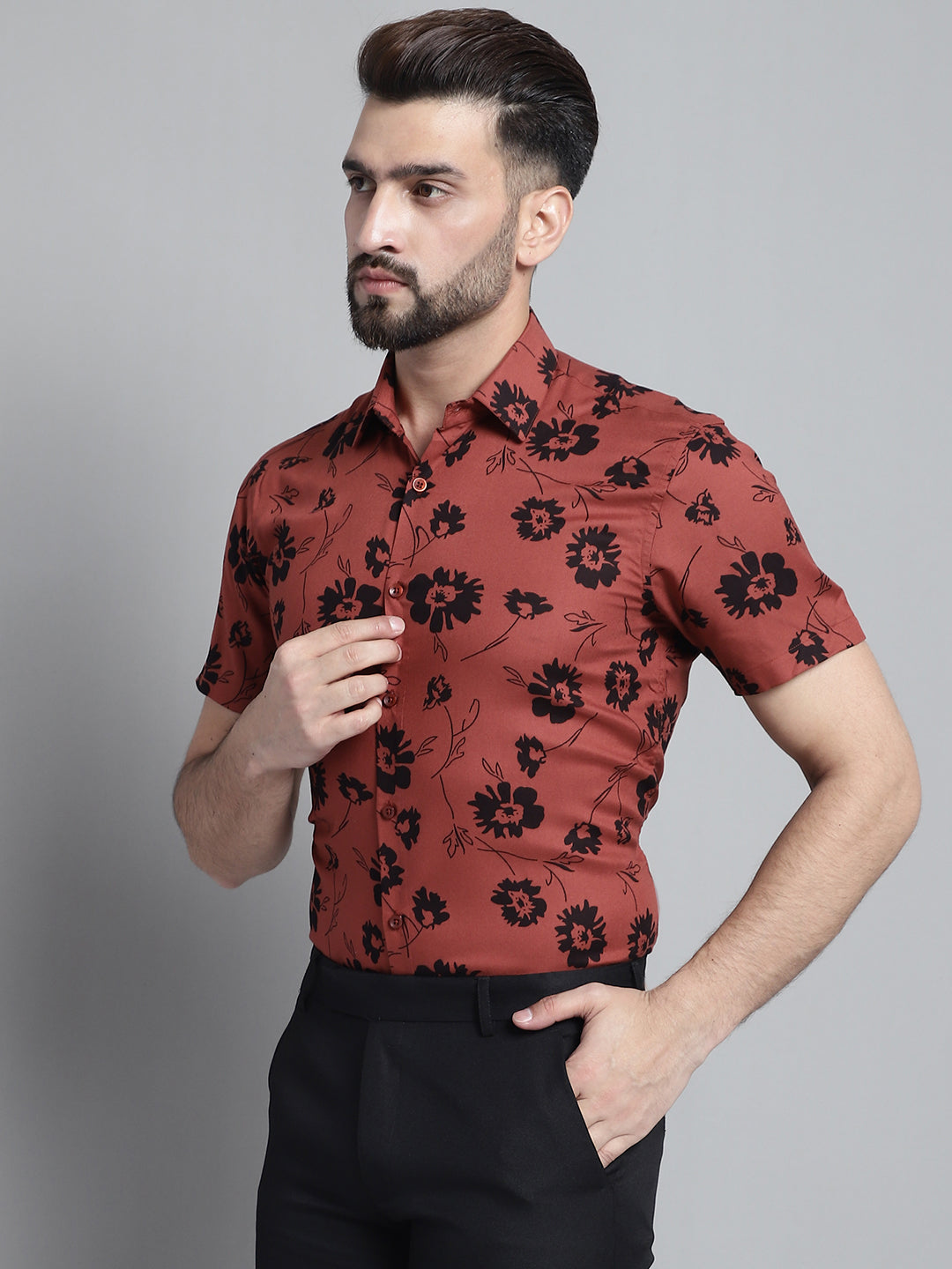 Jainish Men's Floral Printed Formal Shirt - Rust | Grocsy