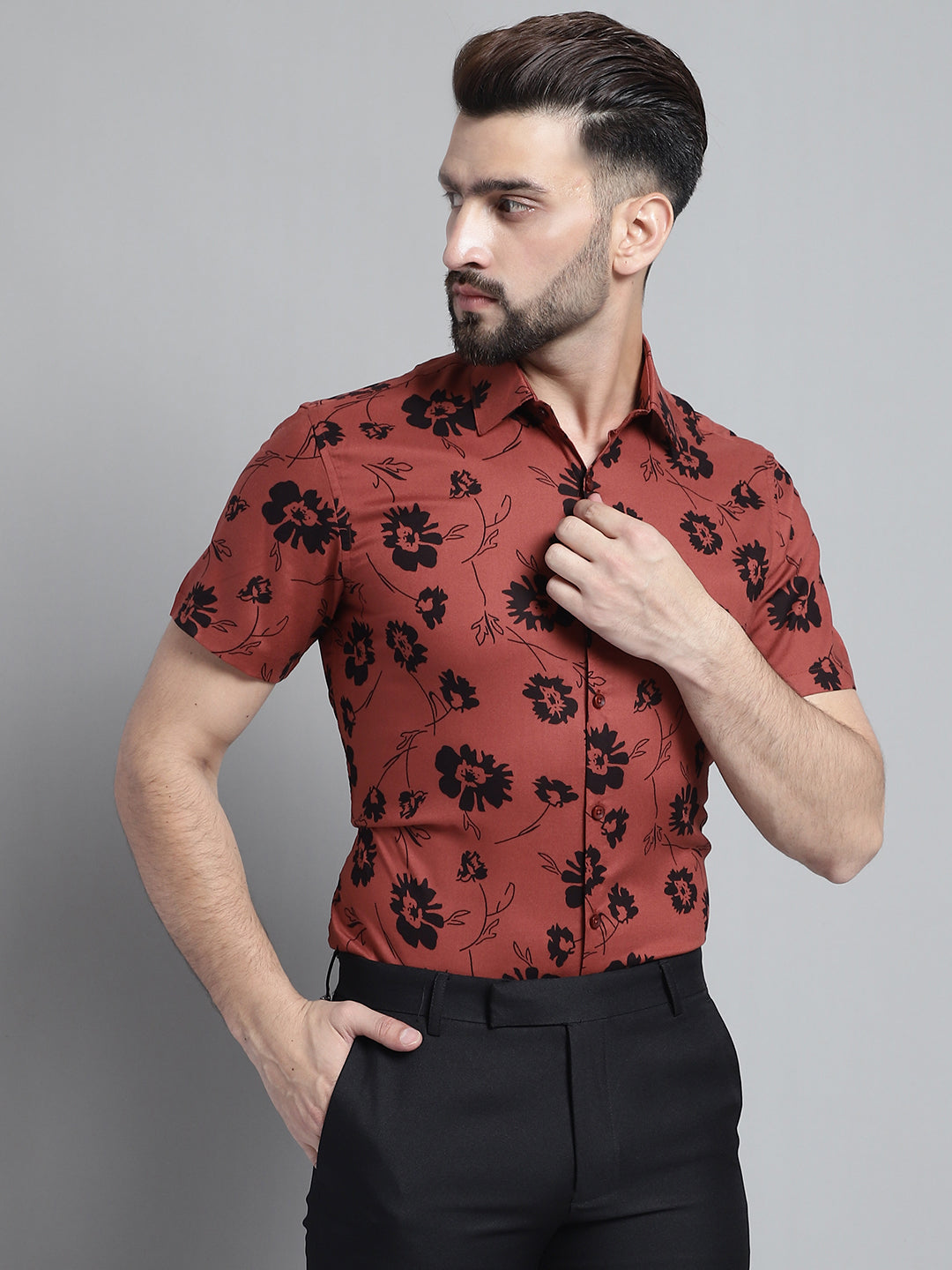 Jainish Men's Floral Printed Formal Shirt - Rust | Grocsy