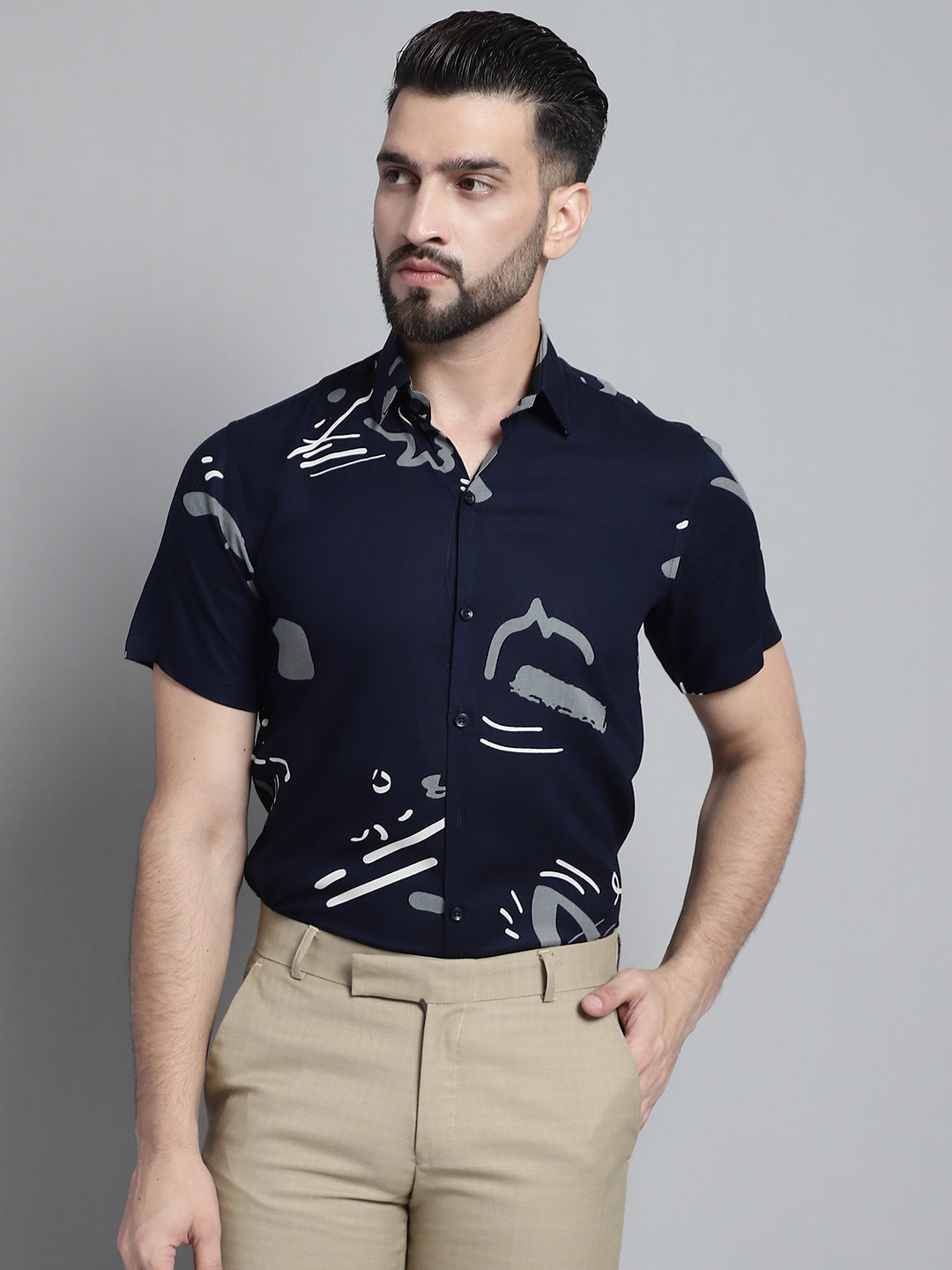 Jainish Men's Printed Formal Shirt - Navy Blue | Grocsy
