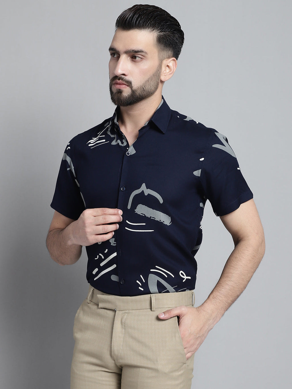 Jainish Men's Printed Formal Shirt - Navy Blue | Grocsy