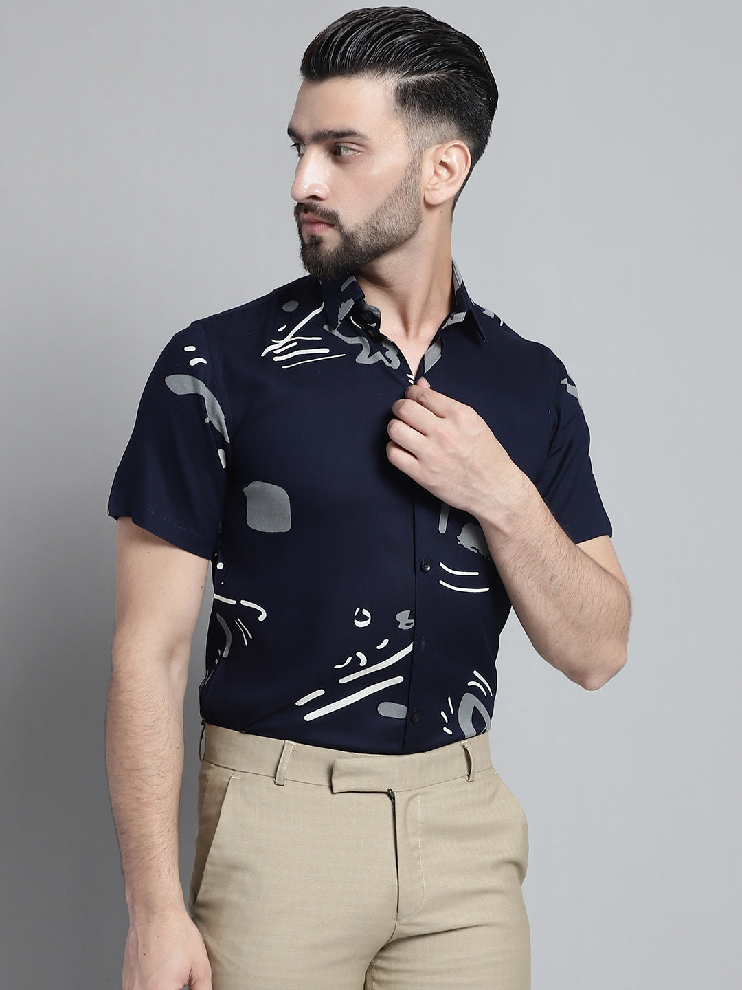 Jainish Men's Printed Formal Shirt - Navy Blue | Grocsy