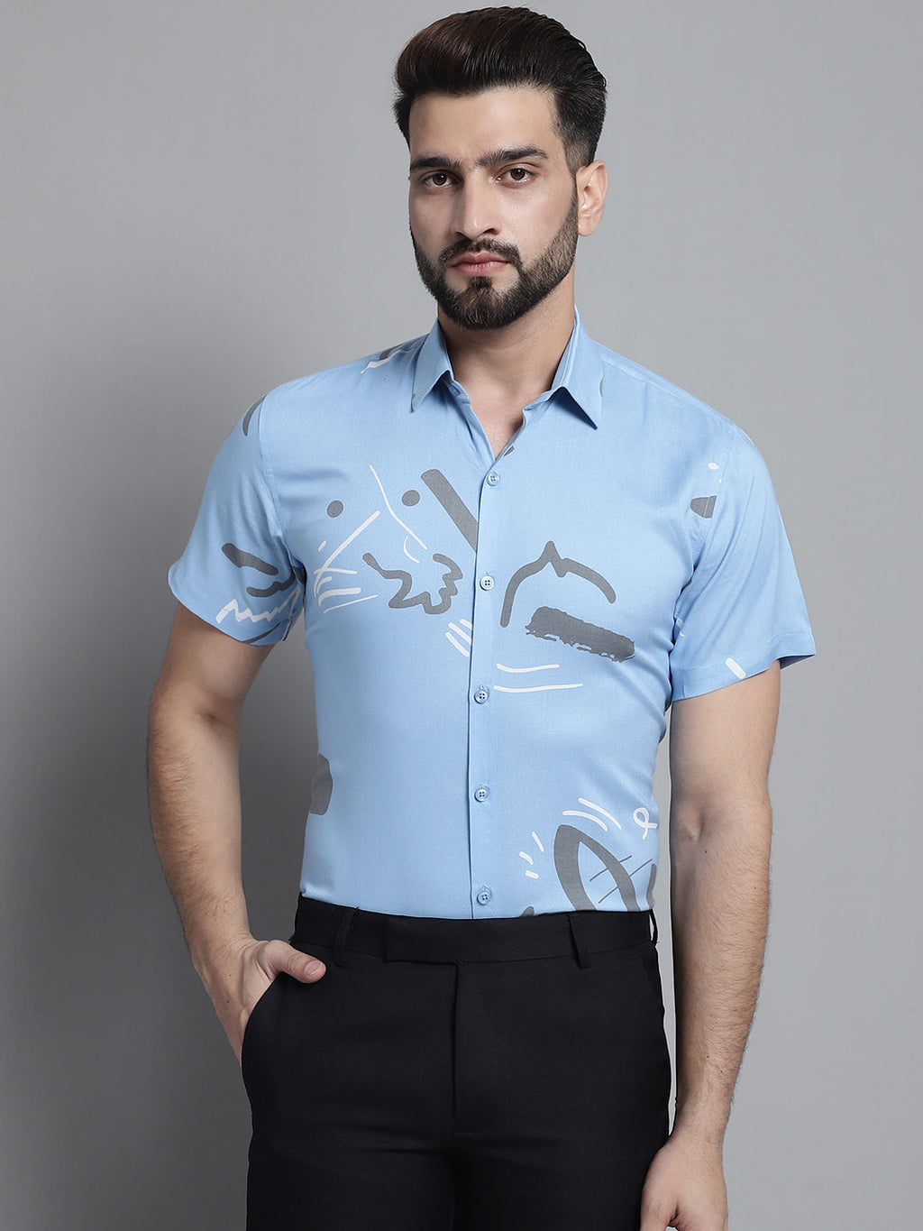 Jainish Men's Printed Formal Shirt - Sky Blue | Grocsy