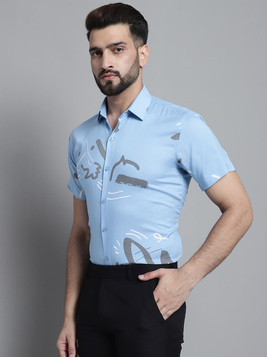 Jainish Men's Printed Formal Shirt - Sky Blue | Grocsy
