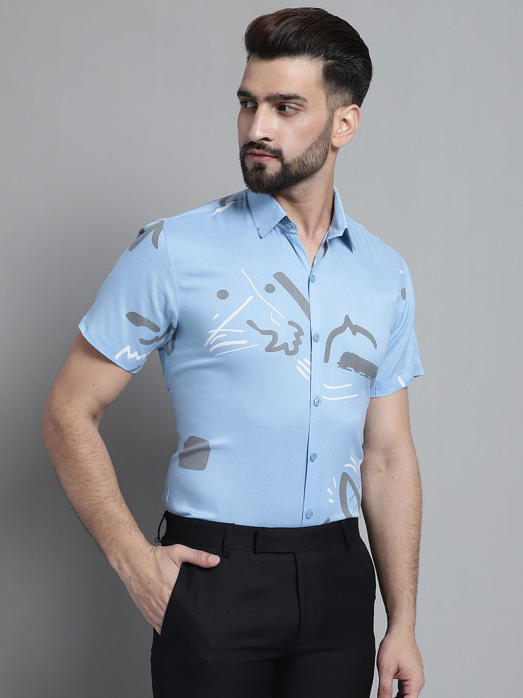Jainish Men's Printed Formal Shirt - Sky Blue | Grocsy