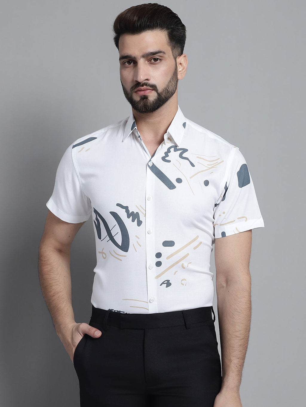 Jainish Men's Printed Formal Shirt - White | Grocsy
