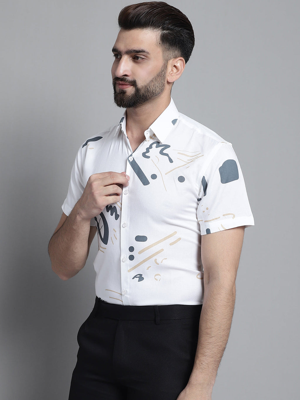 Jainish Men's Printed Formal Shirt - White | Grocsy
