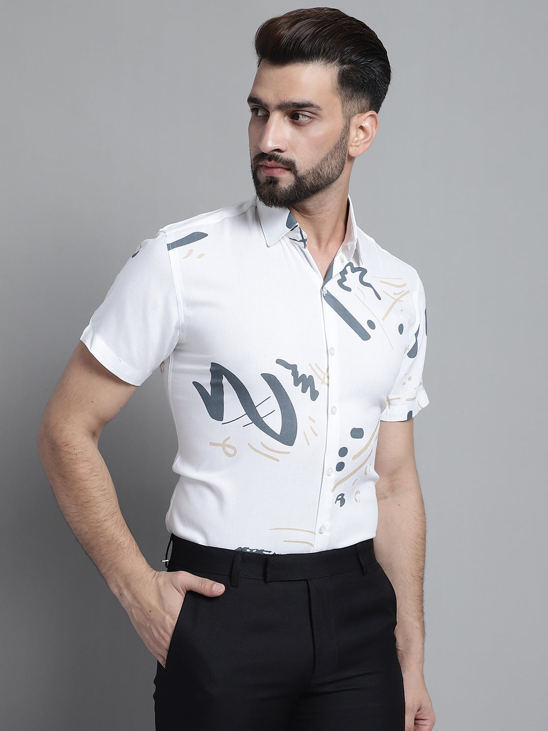 Jainish Men's Printed Formal Shirt - White | Grocsy