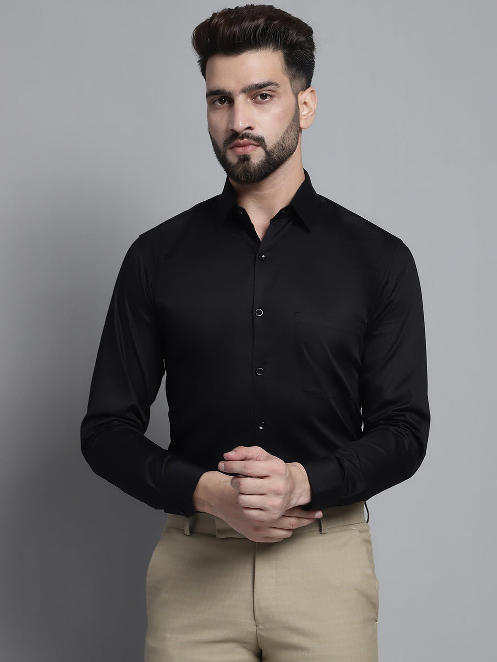 Jainish Men's Cotton Solid Formal Shirt - Black | Grocsy