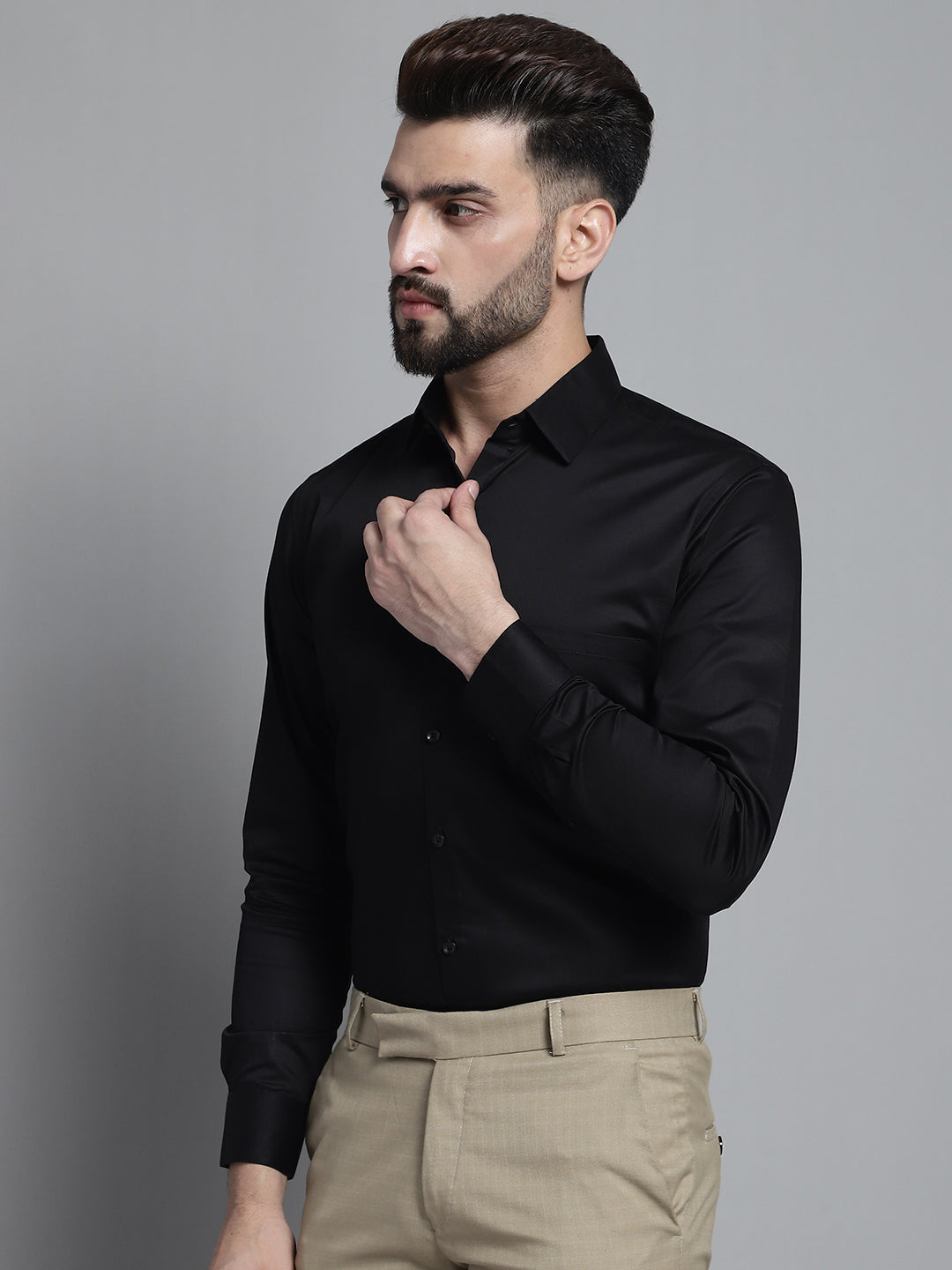 Jainish Men's Cotton Solid Formal Shirt - Black | Grocsy