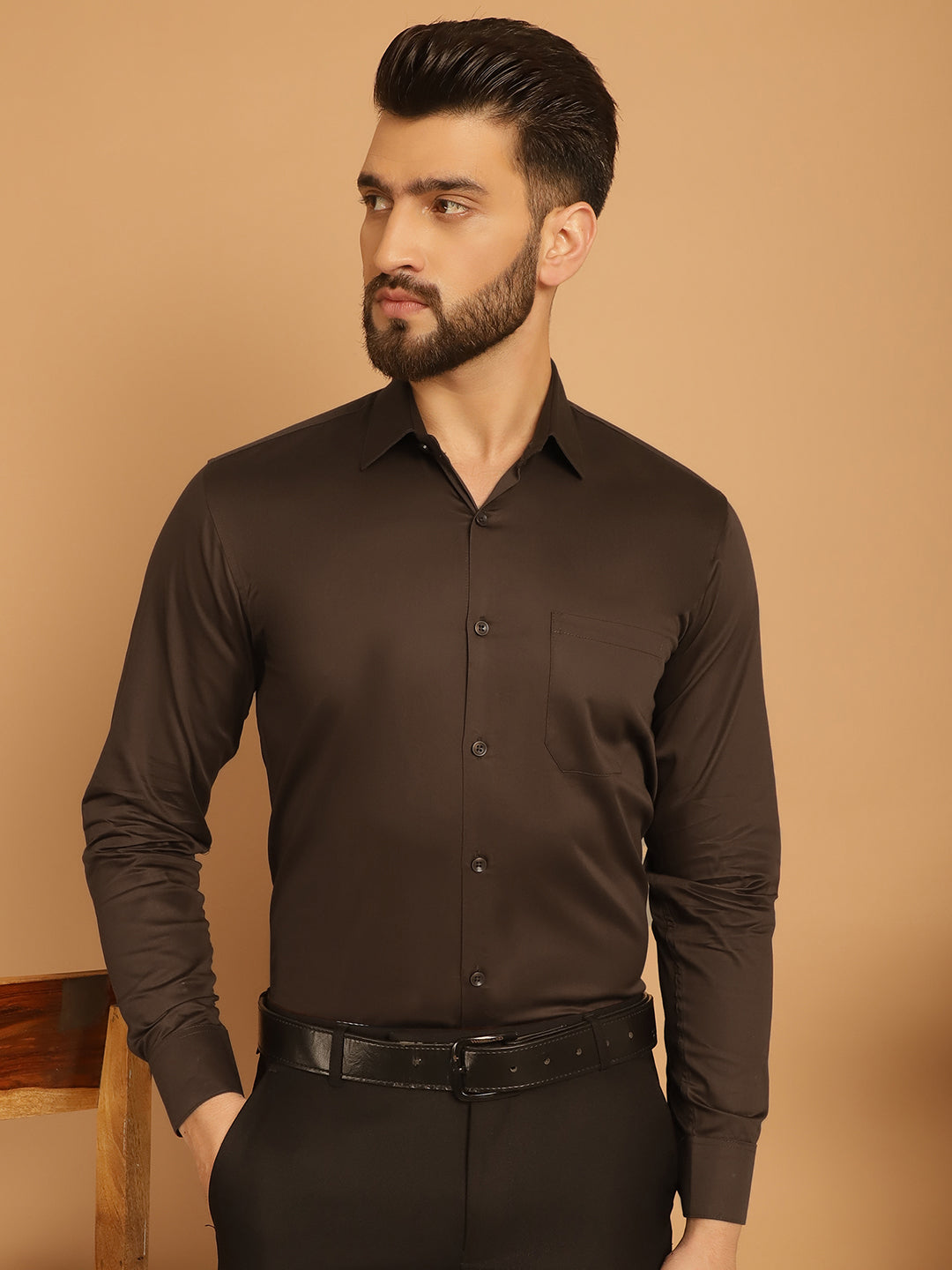 Indian Needle Men's Cotton Solid Formal Shirt - Coffee | Grocsy