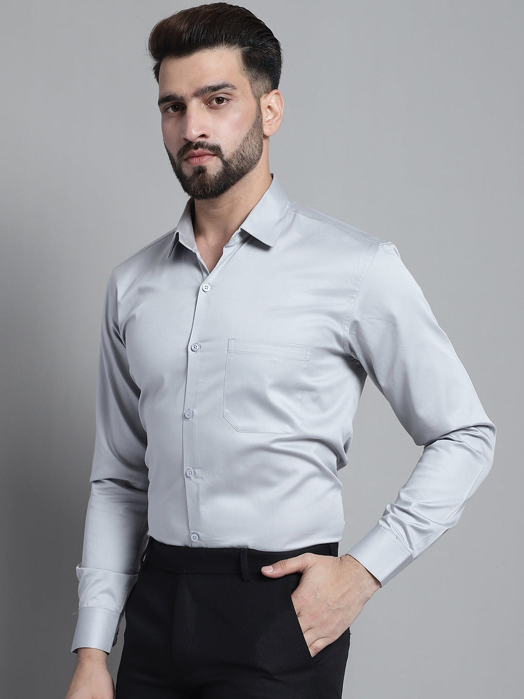 Jainish Men's Cotton Solid Formal Shirt - Light-Grey | Grocsy