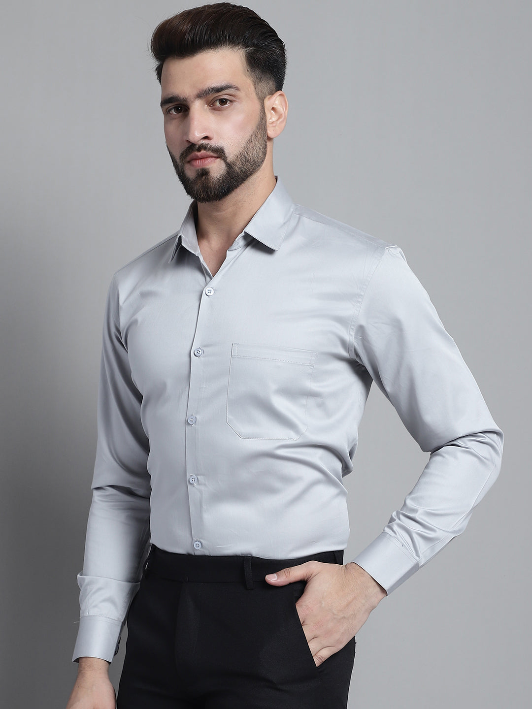 Jainish Men's Cotton Solid Formal Shirt - Light-Grey | Grocsy