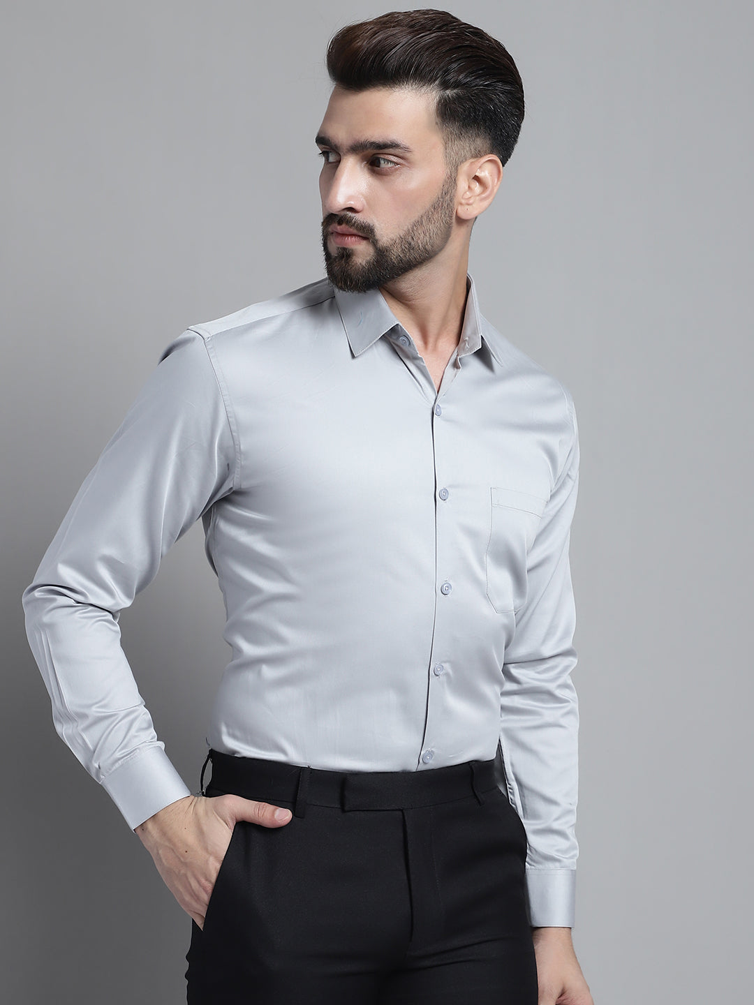 Jainish Men's Cotton Solid Formal Shirt - Light-Grey | Grocsy
