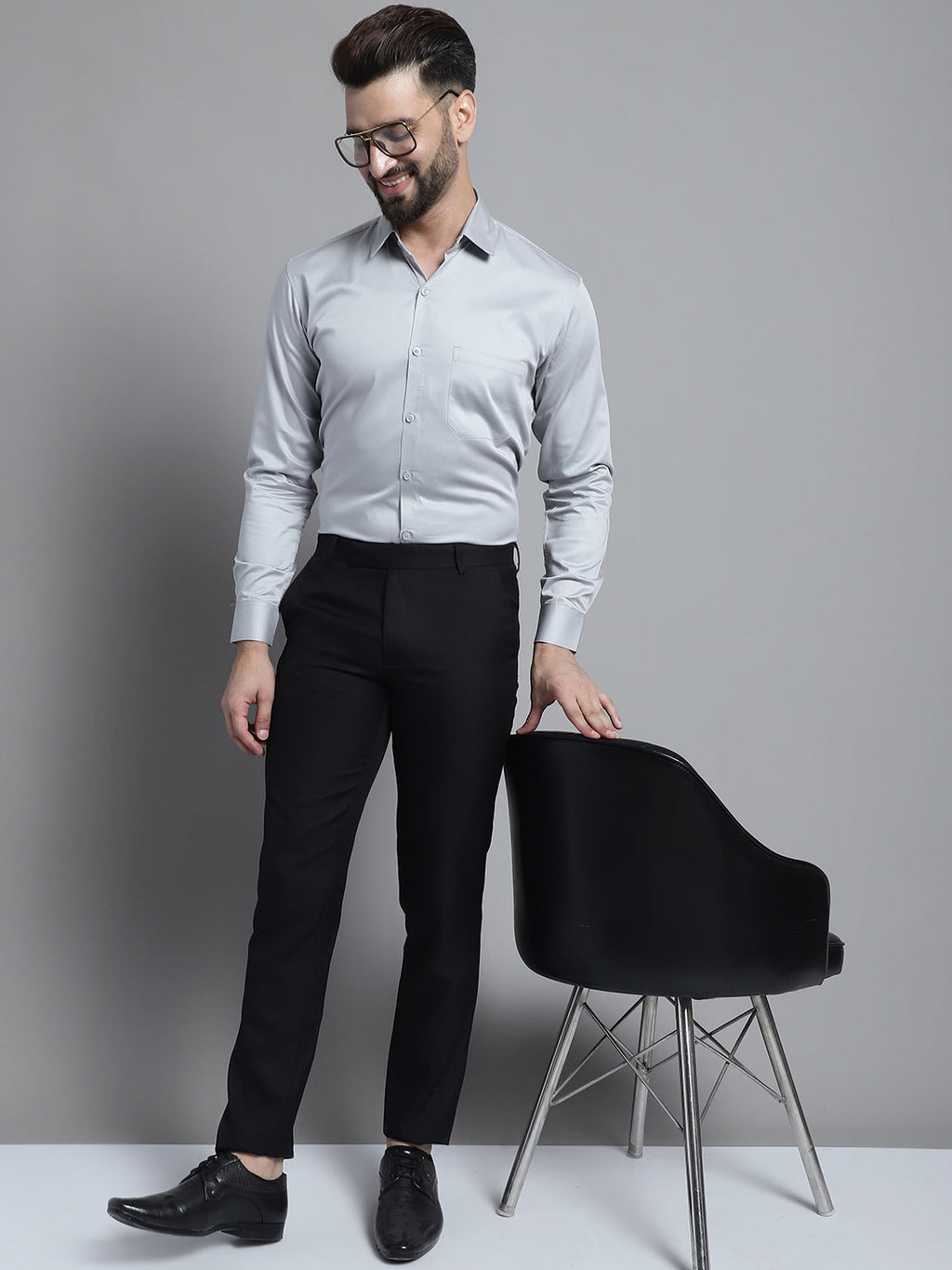 Jainish Men's Cotton Solid Formal Shirt - Light-Grey | Grocsy