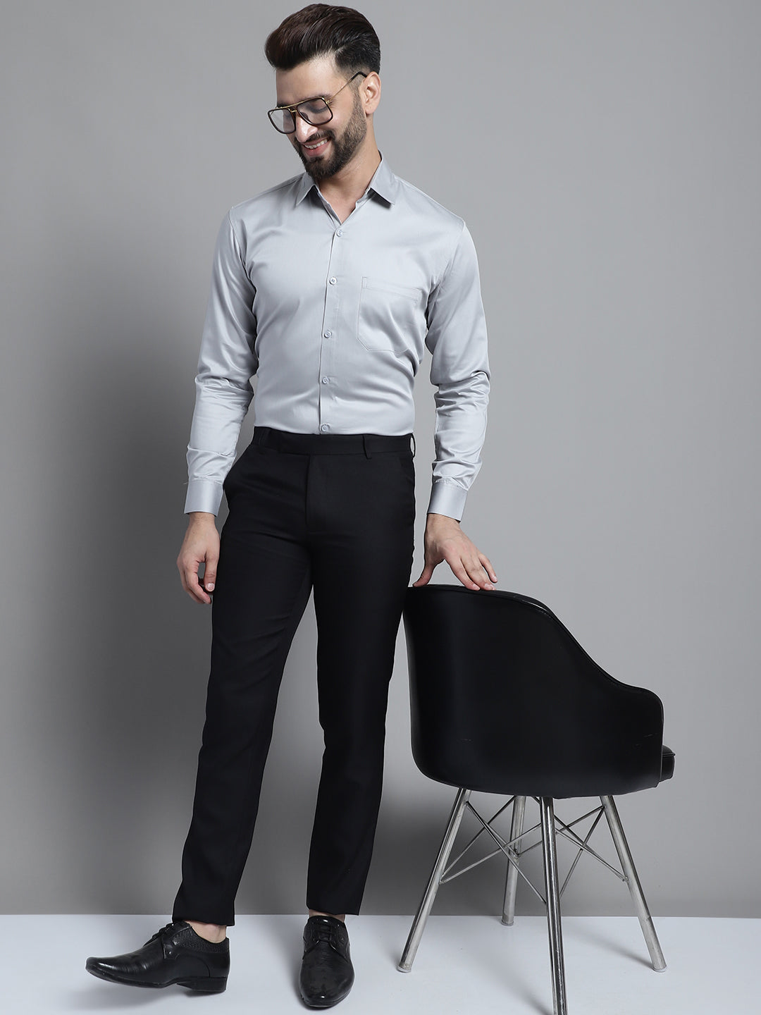Jainish Men's Cotton Solid Formal Shirt - Light-Grey | Grocsy