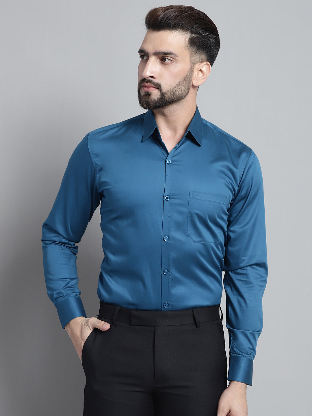 Jainish Men's Cotton Solid Formal Shirt - Peacock | Grocsy