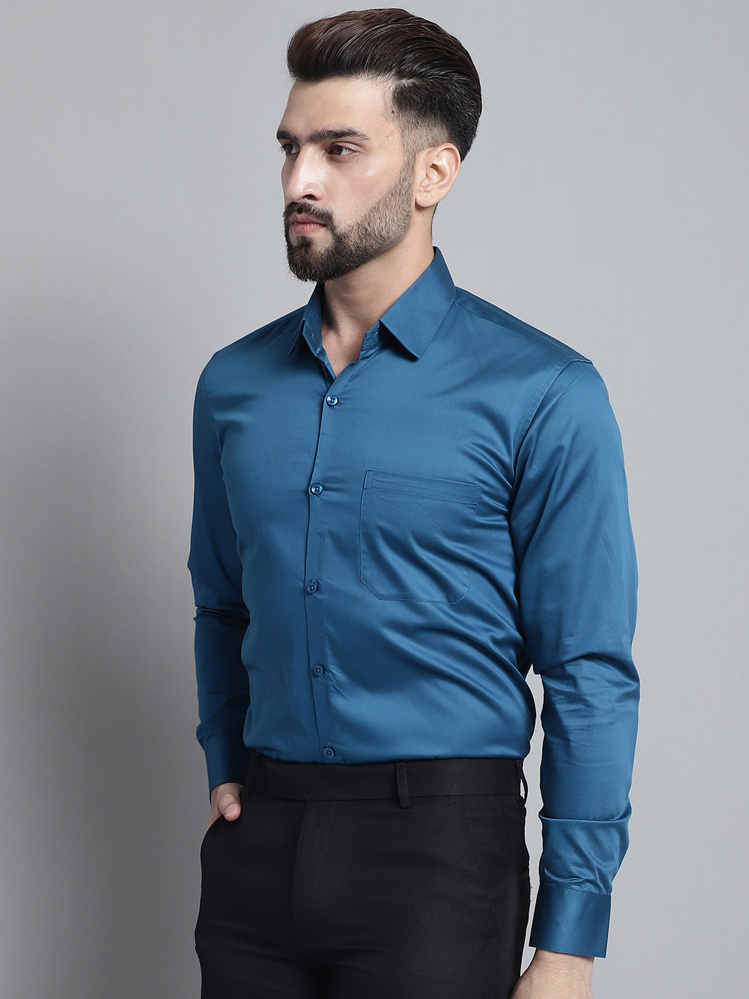Jainish Men's Cotton Solid Formal Shirt - Peacock | Grocsy