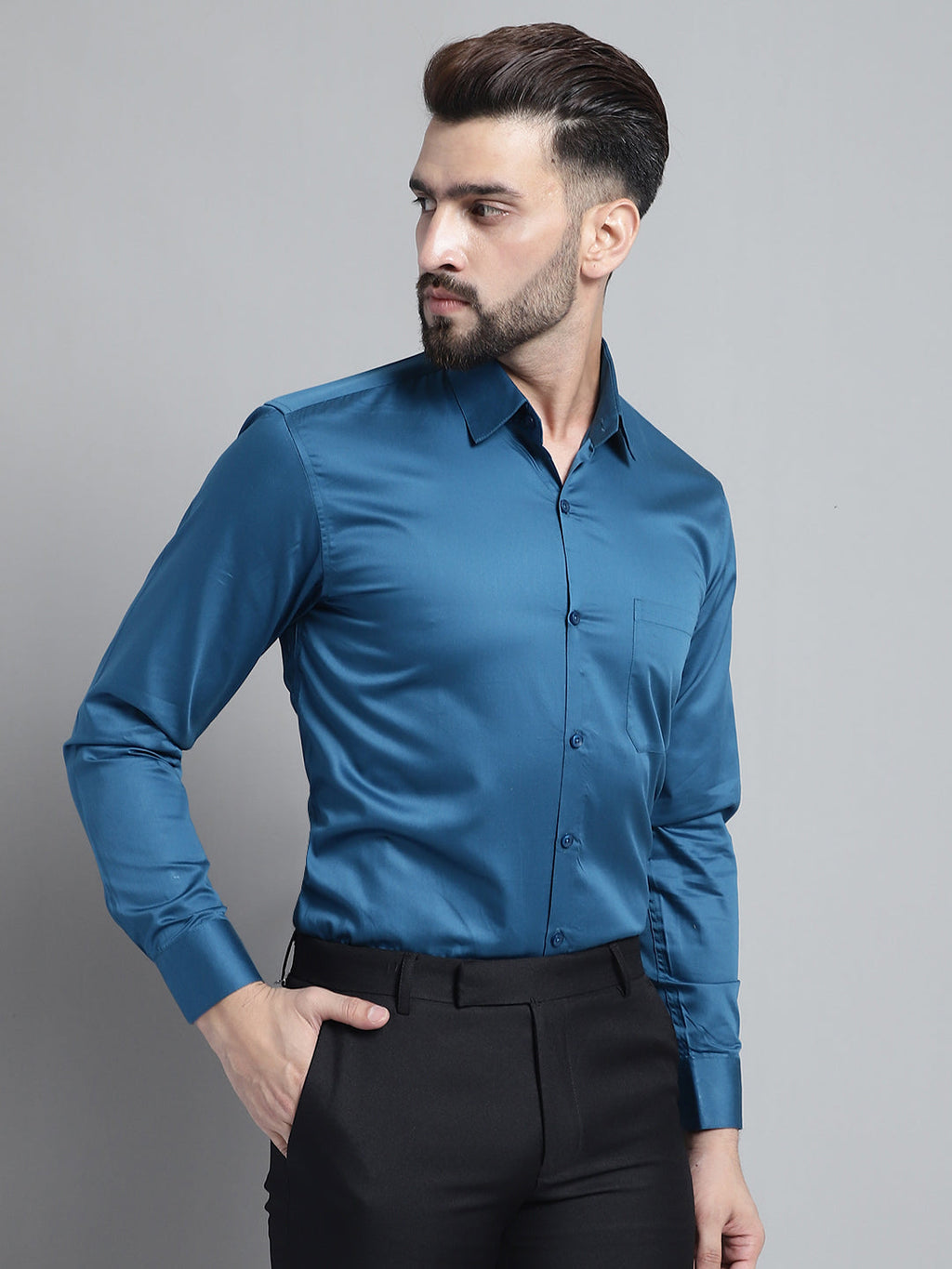 Jainish Men's Cotton Solid Formal Shirt - Peacock | Grocsy