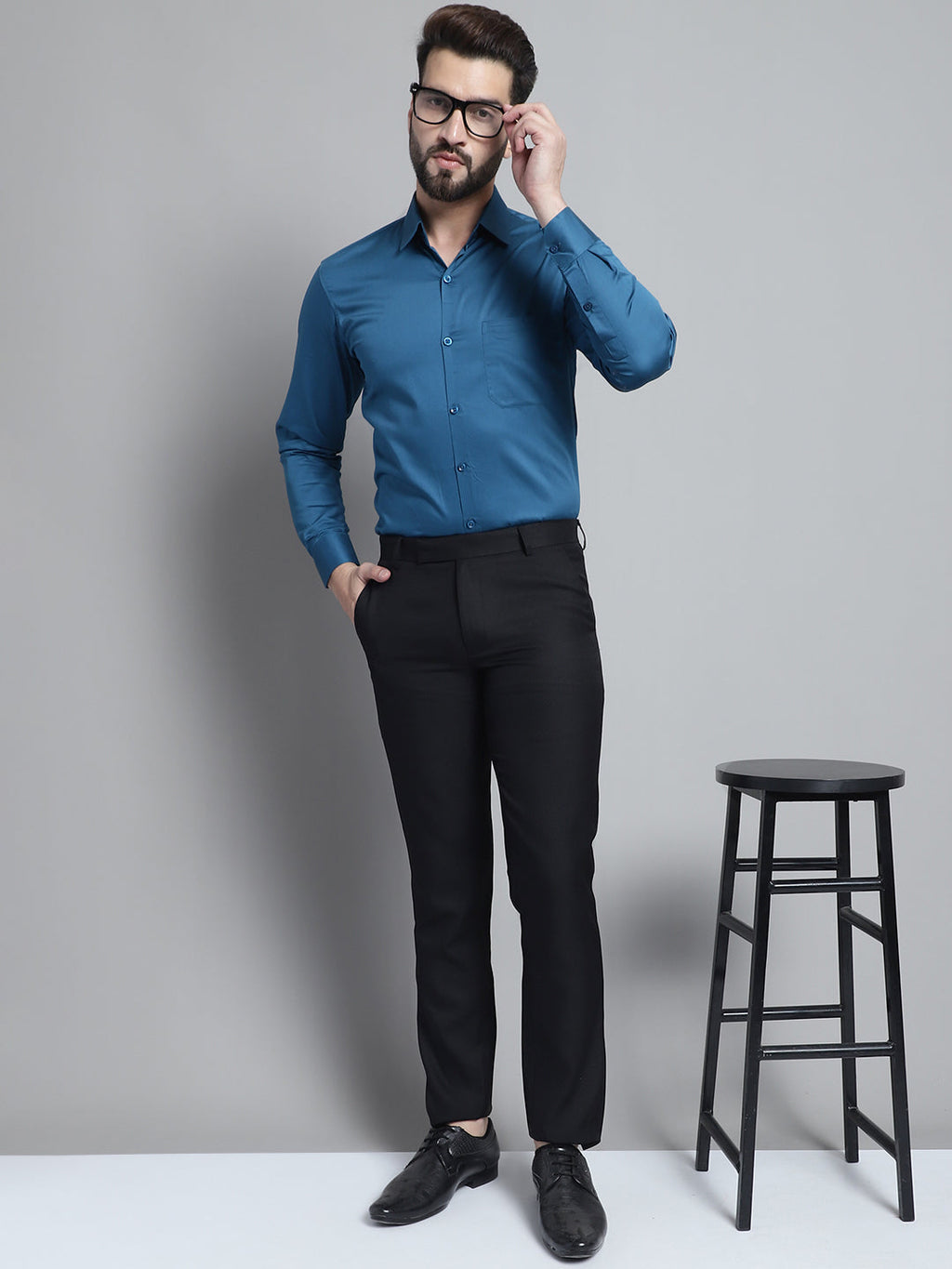 Jainish Men's Cotton Solid Formal Shirt - Peacock | Grocsy