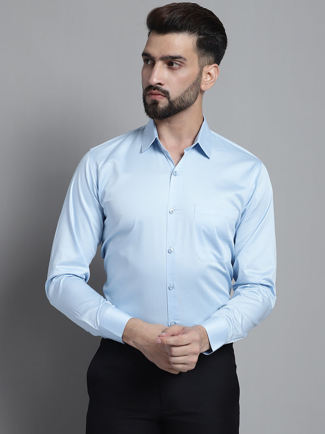 Jainish Men's Cotton Solid Formal Shirt - Sky Blue | Grocsy