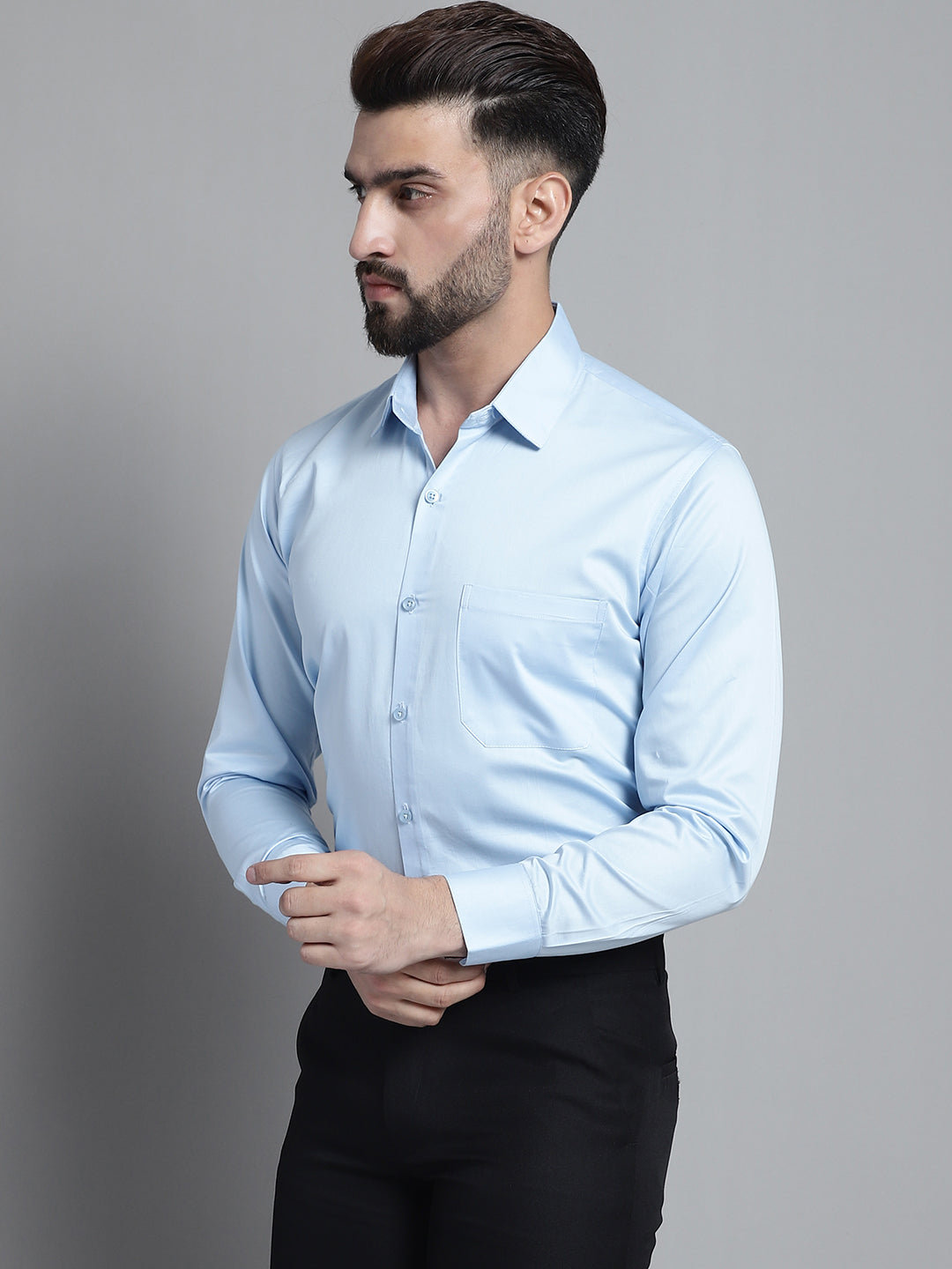 Jainish Men's Cotton Solid Formal Shirt - Sky Blue | Grocsy