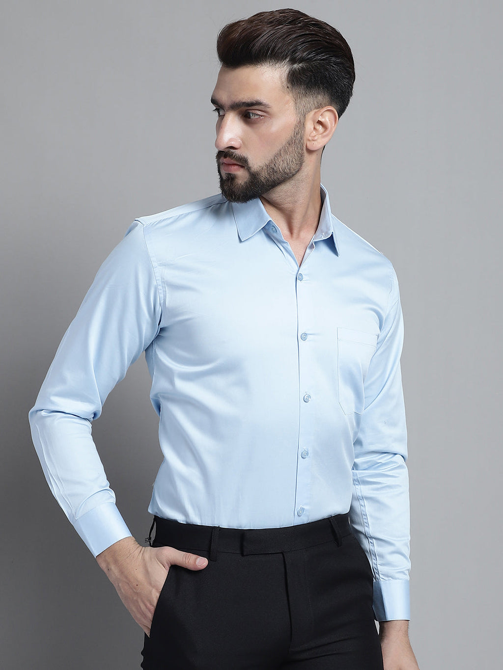 Jainish Men's Cotton Solid Formal Shirt - Sky Blue | Grocsy