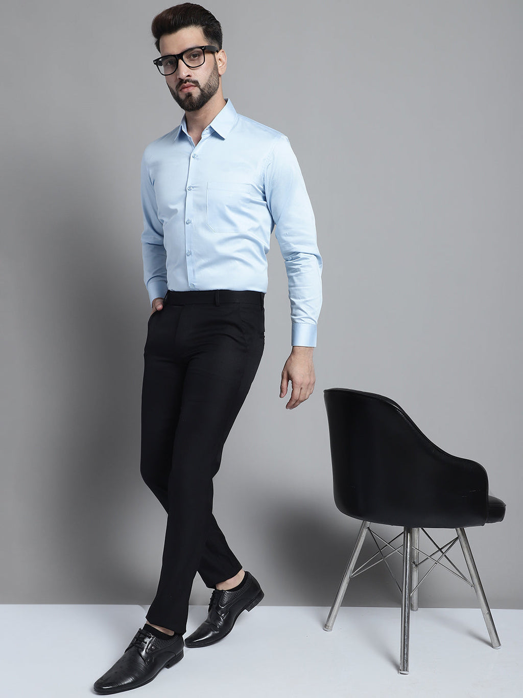 Jainish Men's Cotton Solid Formal Shirt - Sky Blue | Grocsy