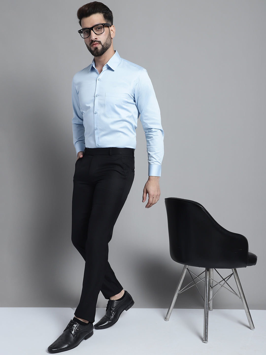 Jainish Men's Cotton Solid Formal Shirt - Sky Blue | Grocsy