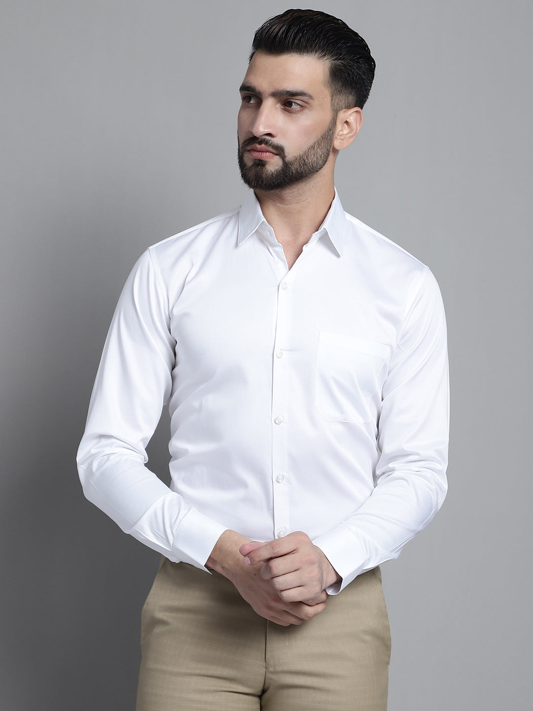 Jainish Men's Cotton Solid Formal Shirt - White | Grocsy