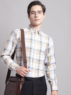 Jainish Men's Yellow Checked Ragular Fit Formal Shirt - Cream | Grocsy