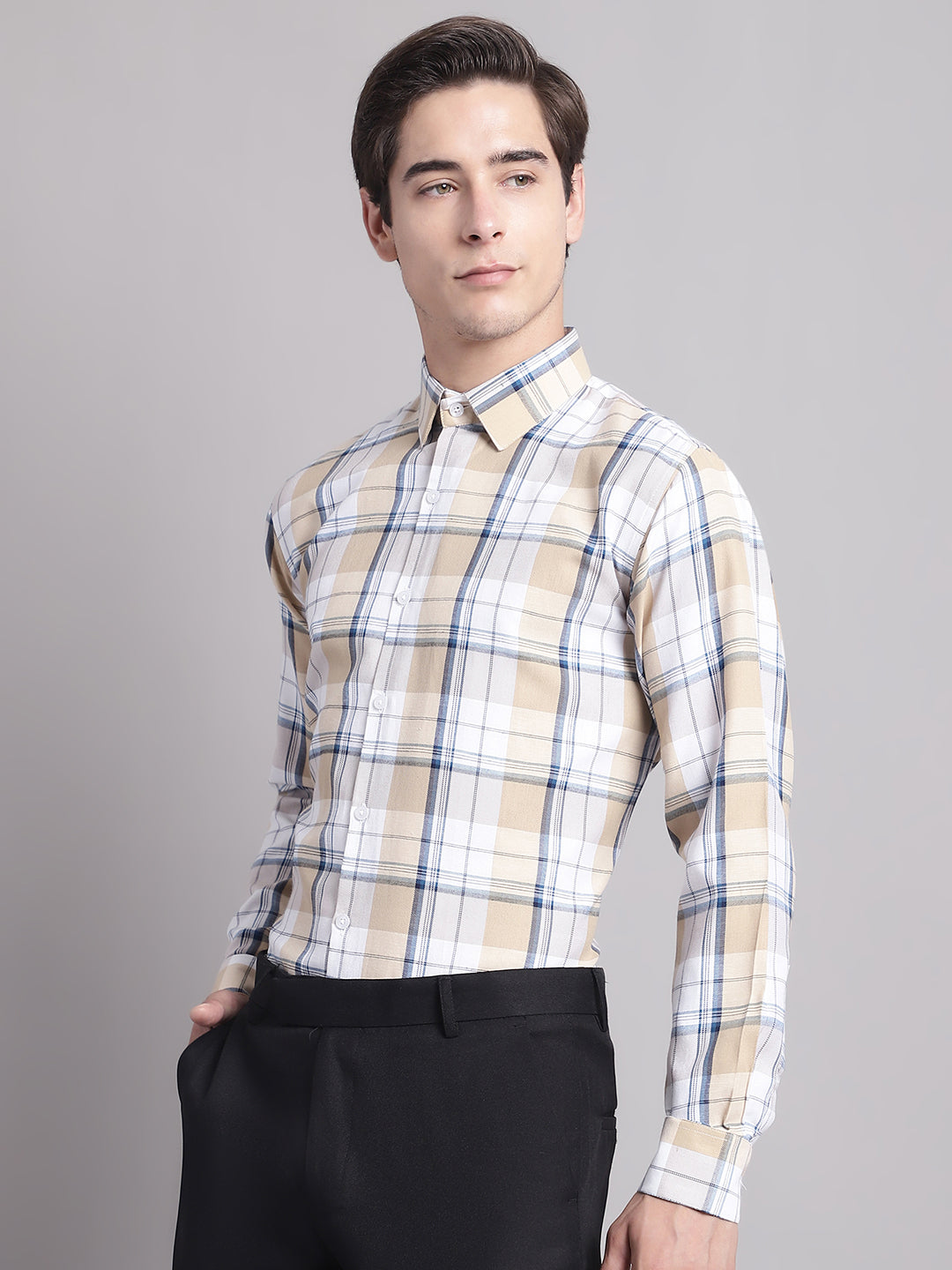 Jainish Men's Yellow Checked Ragular Fit Formal Shirt - Cream | Grocsy