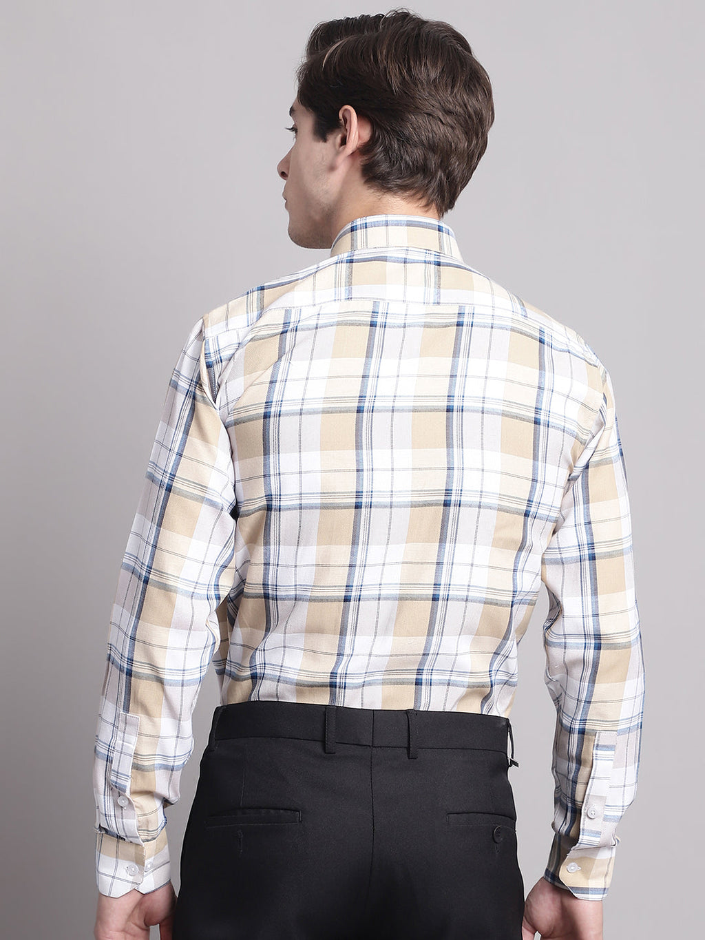 Jainish Men's Yellow Checked Ragular Fit Formal Shirt - Cream | Grocsy
