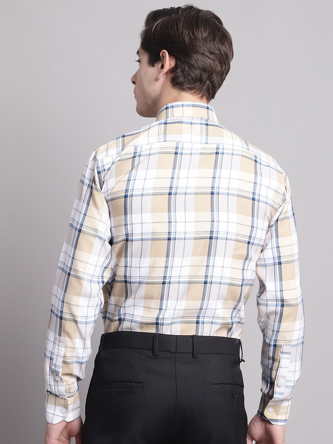Jainish Men's Yellow Checked Ragular Fit Formal Shirt - Cream | Grocsy
