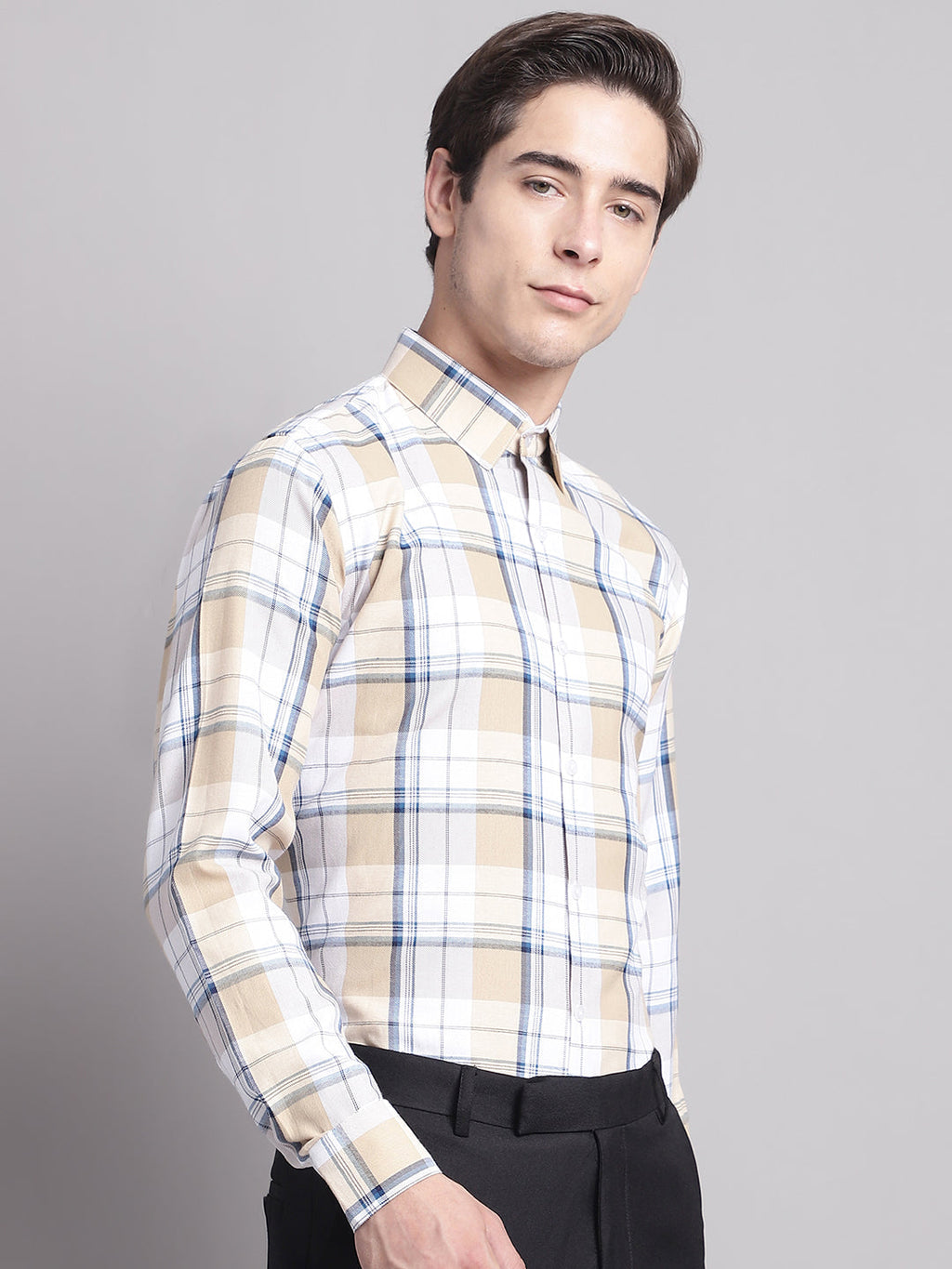 Jainish Men's Yellow Checked Ragular Fit Formal Shirt - Cream | Grocsy