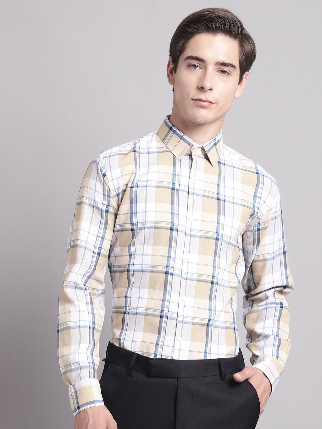 Jainish Men's Yellow Checked Ragular Fit Formal Shirt - Cream | Grocsy