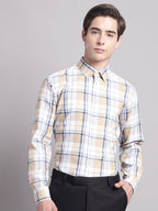 Jainish Men's Yellow Checked Ragular Fit Formal Shirt - Cream | Grocsy