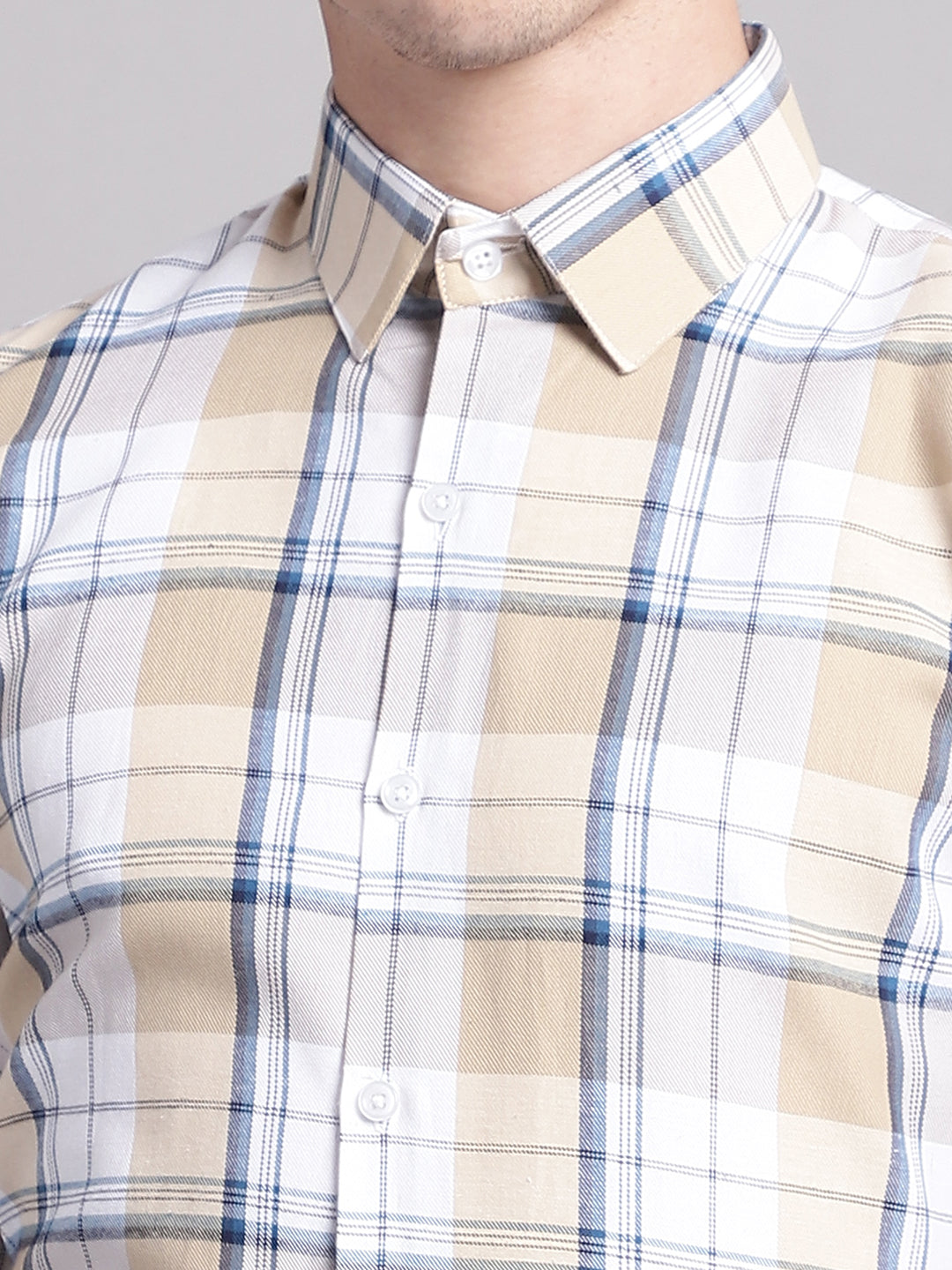 Jainish Men's Yellow Checked Ragular Fit Formal Shirt - Cream | Grocsy
