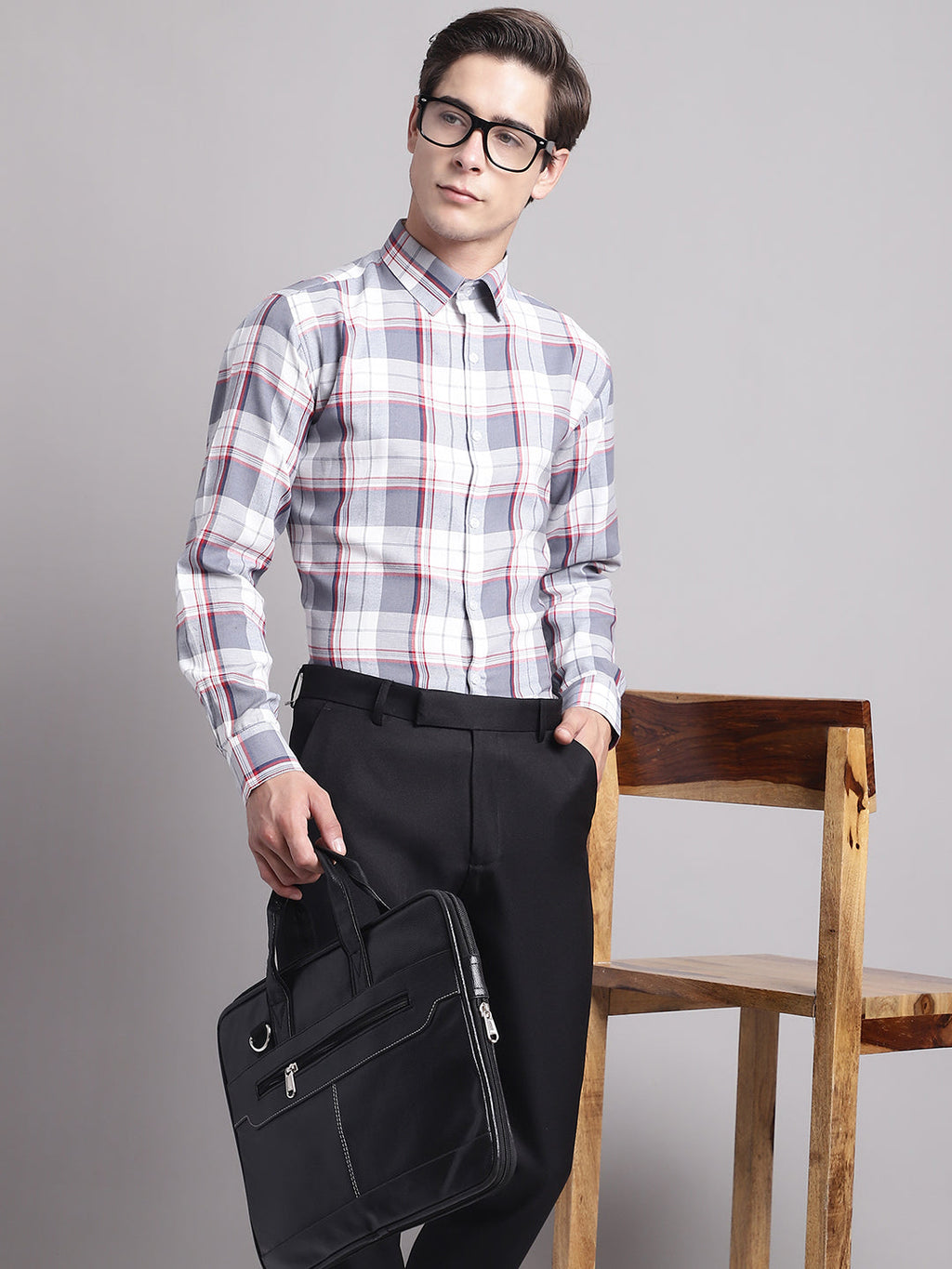 Jainish Men's Grey Checked Ragular Fit Formal Shirt - Grey | Grocsy