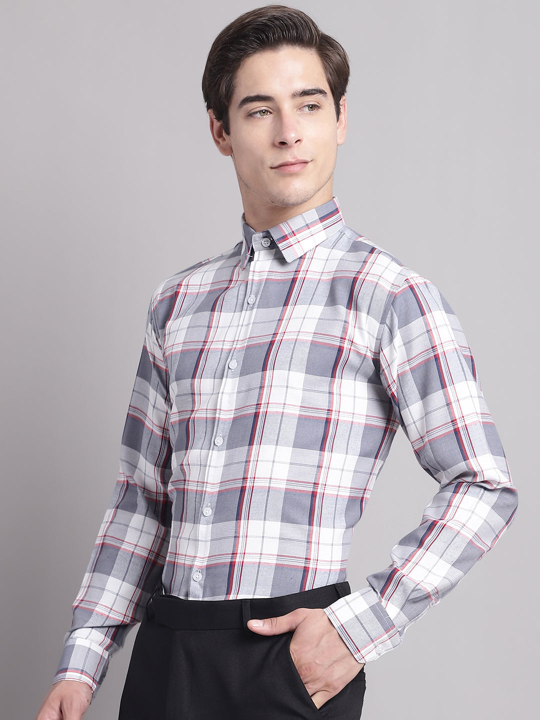 Jainish Men's Grey Checked Ragular Fit Formal Shirt - Grey | Grocsy