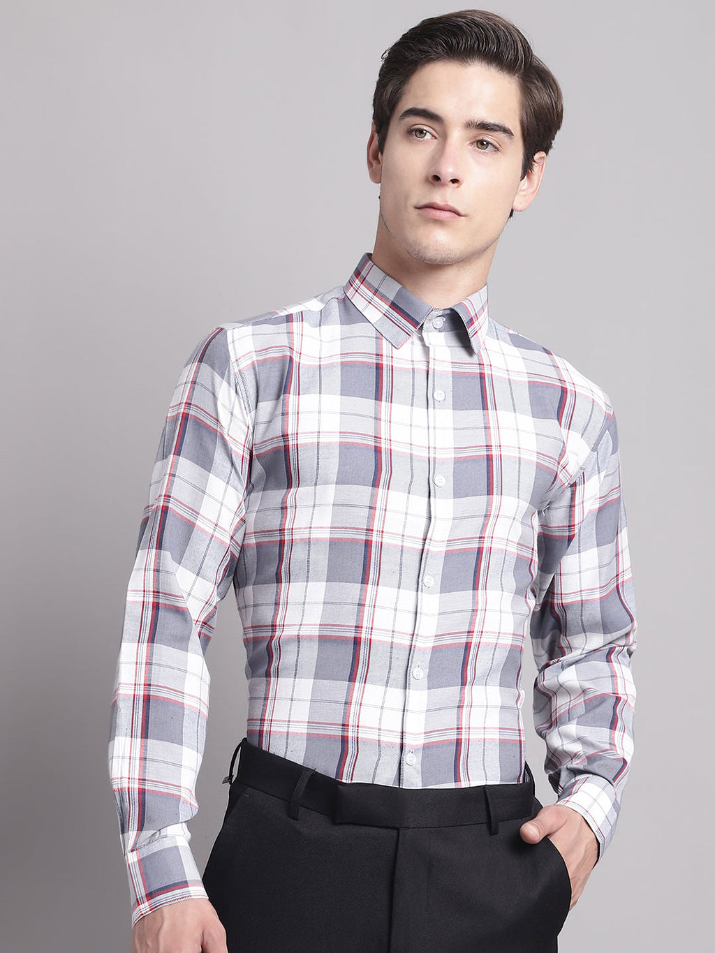 Jainish Men's Grey Checked Ragular Fit Formal Shirt - Grey | Grocsy