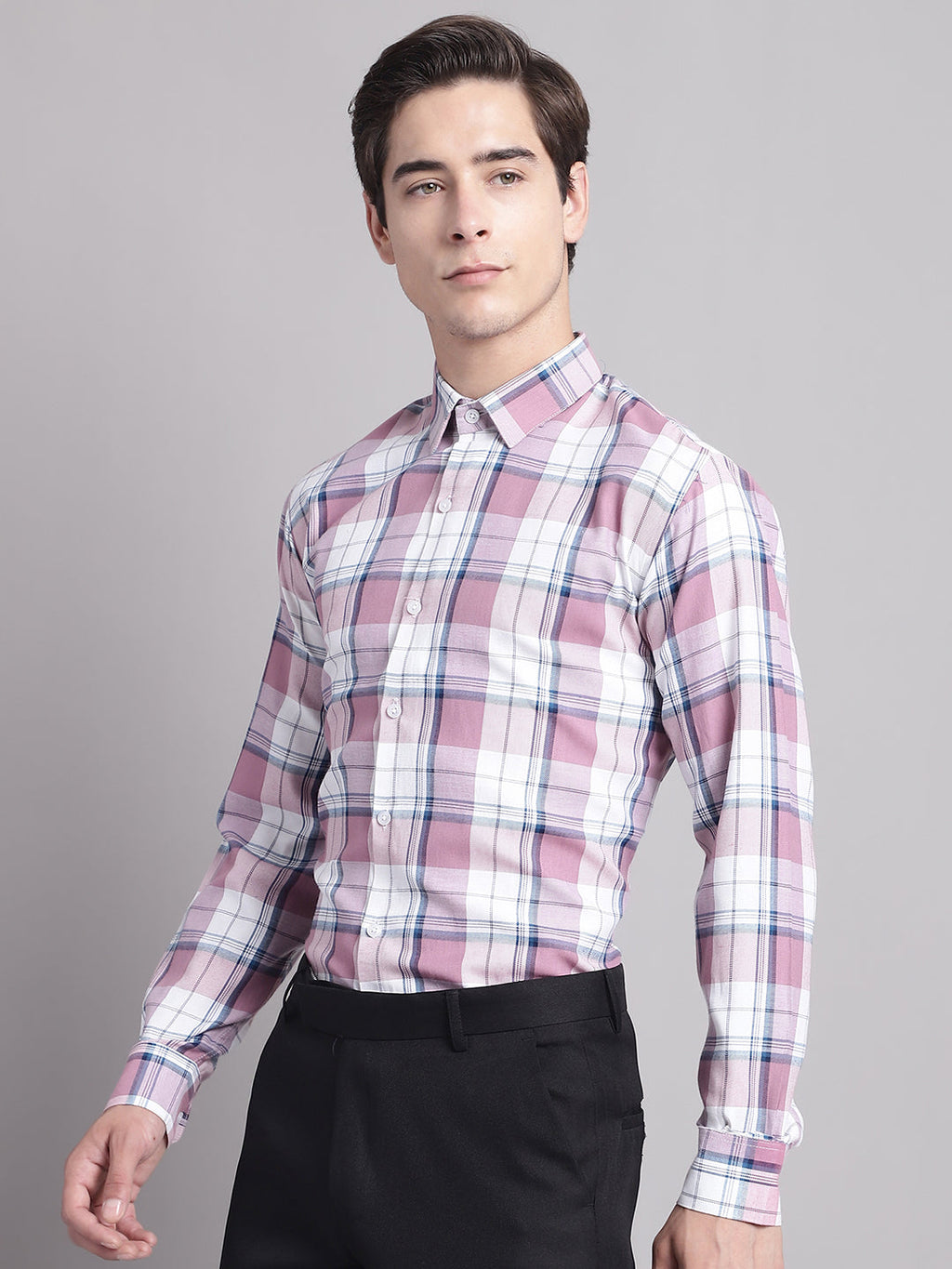 Jainish Men's Pink Checked Ragular Fit Formal Shirt - Pink | Grocsy