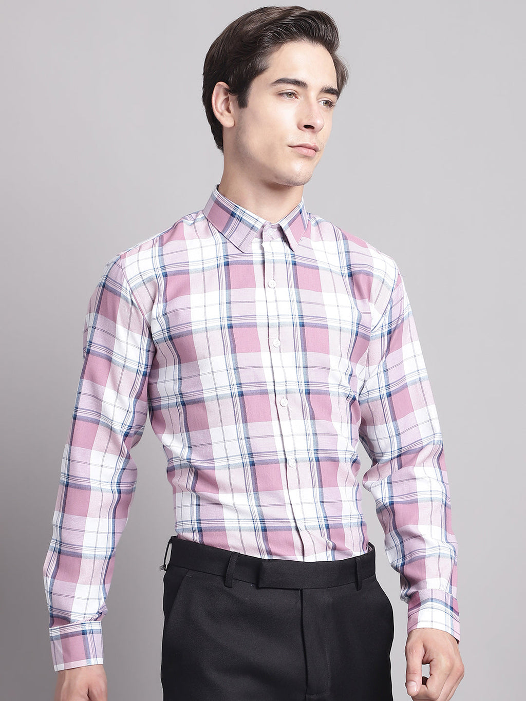 Jainish Men's Pink Checked Ragular Fit Formal Shirt - Pink | Grocsy
