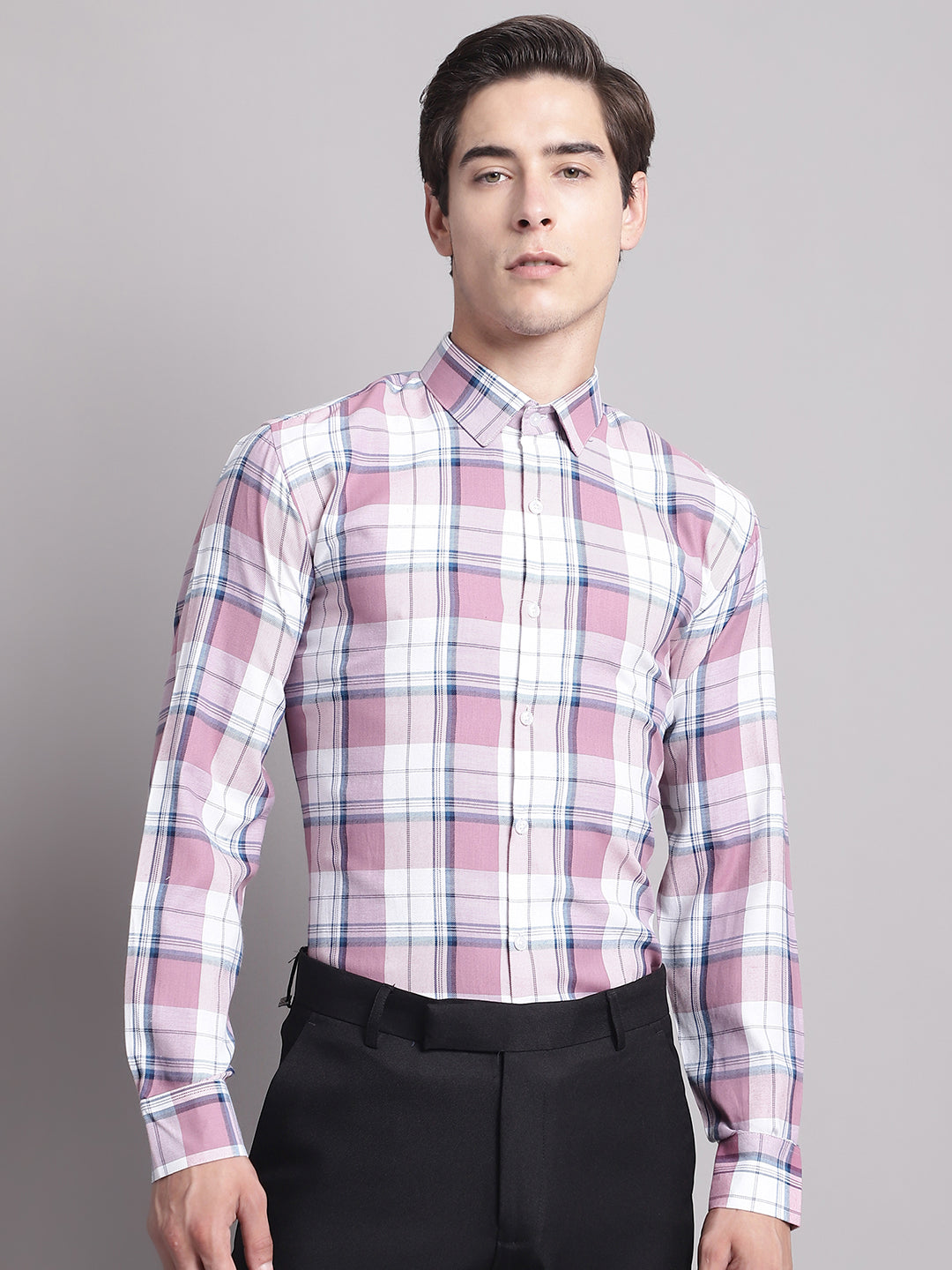 Jainish Men's Pink Checked Ragular Fit Formal Shirt - Pink | Grocsy
