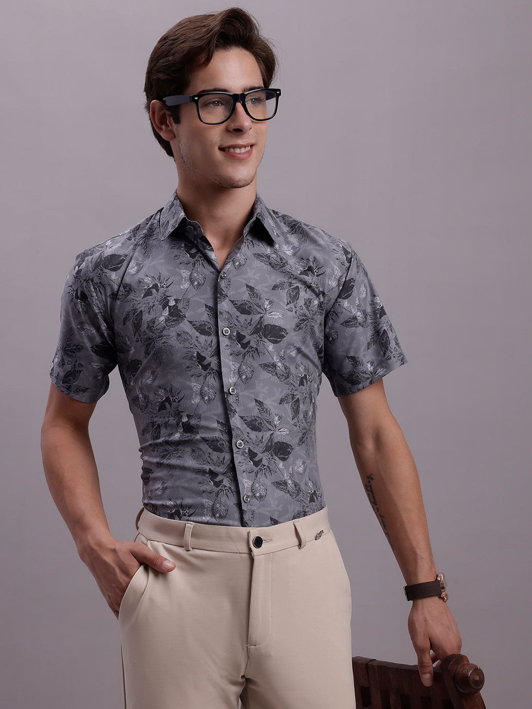 Jainish Men's Floral Printed Formal Shirt - Charcoal | Grocsy