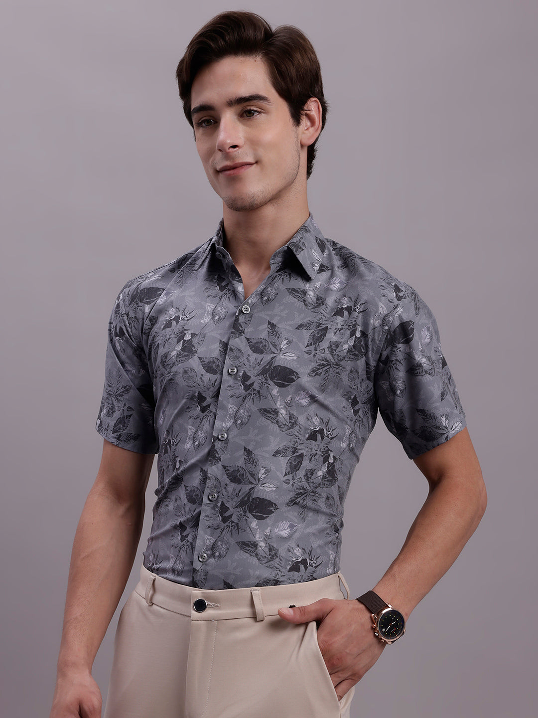 Jainish Men's Floral Printed Formal Shirt - Charcoal | Grocsy