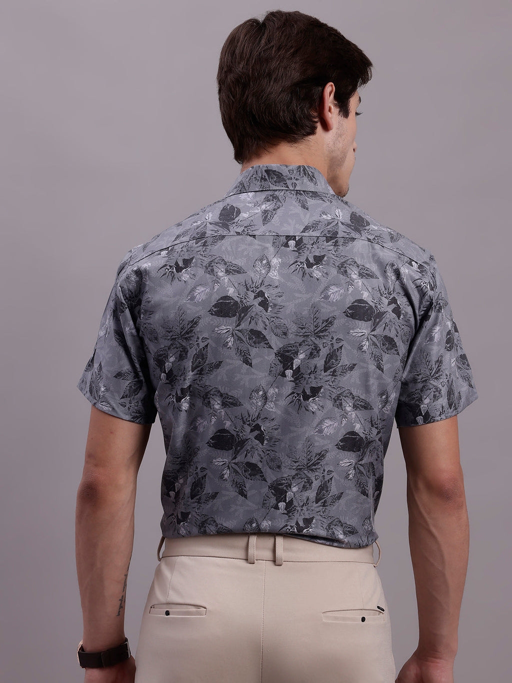 Jainish Men's Floral Printed Formal Shirt - Charcoal | Grocsy