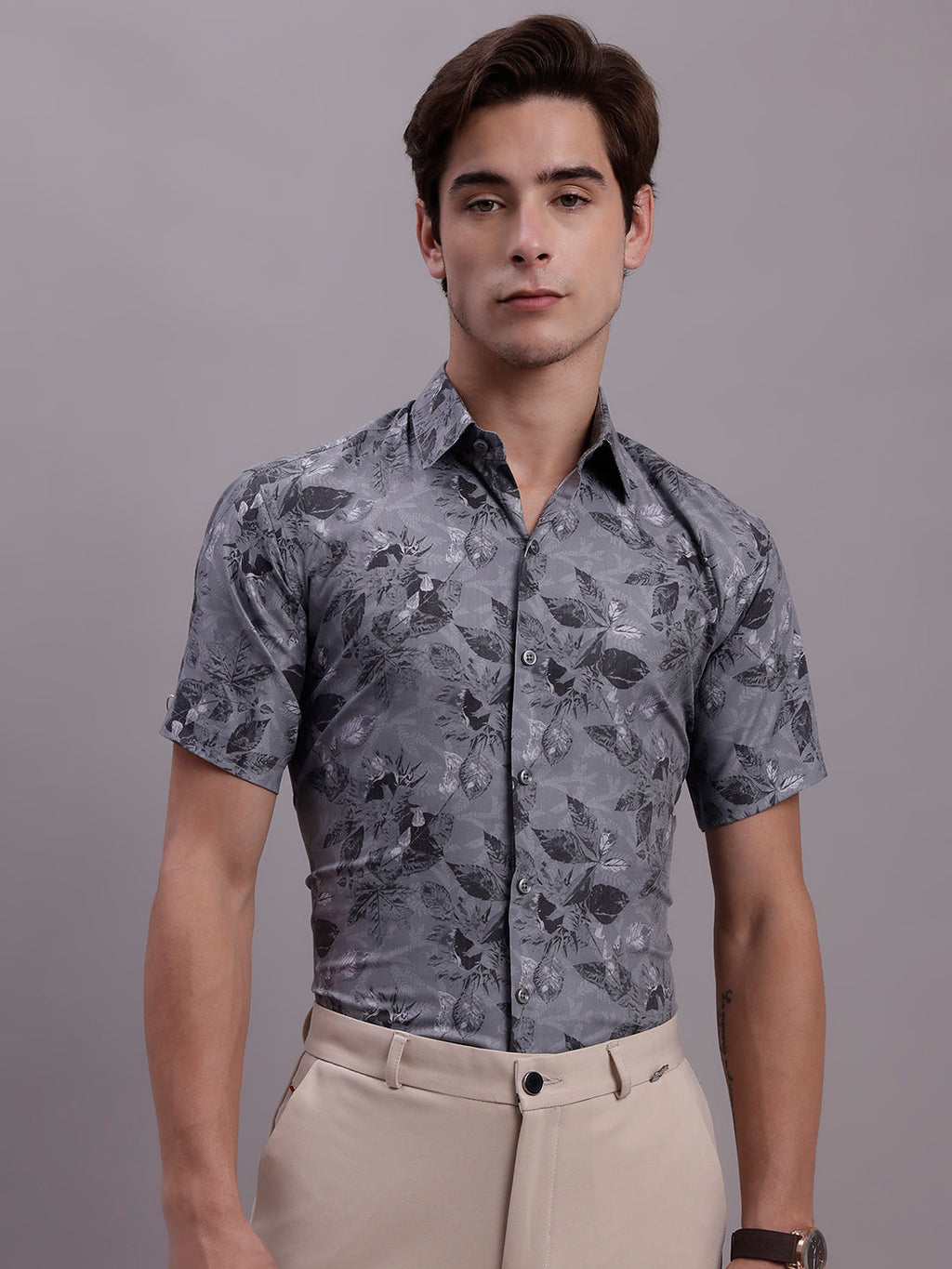Jainish Men's Floral Printed Formal Shirt - Charcoal | Grocsy