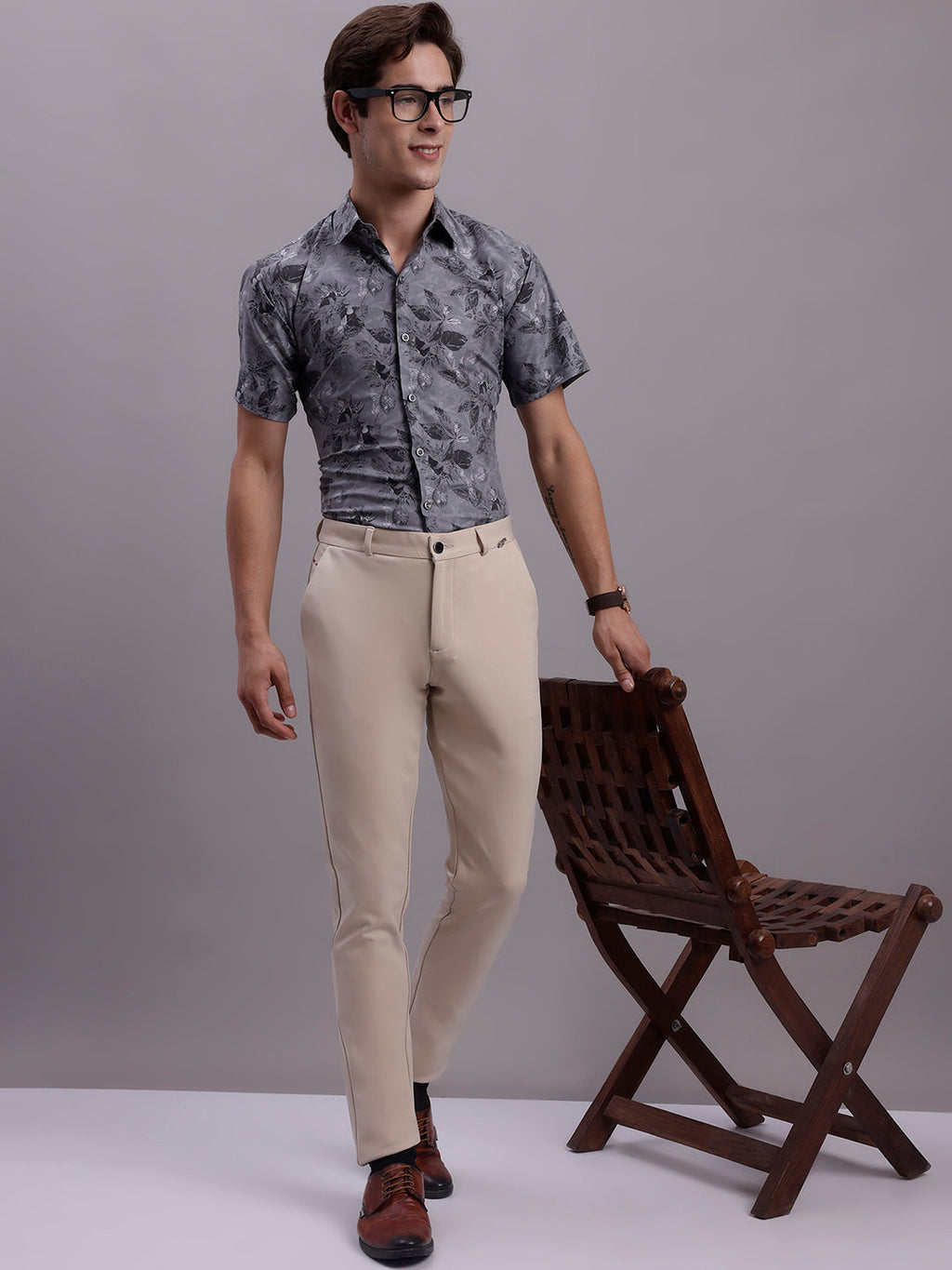 Jainish Men's Floral Printed Formal Shirt - Charcoal | Grocsy