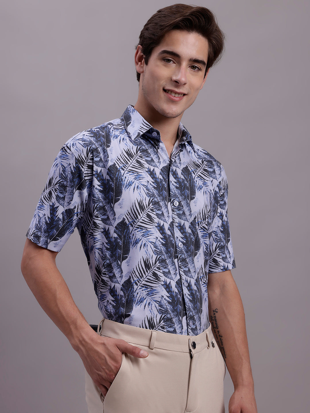 Jainish Men's Floral Printed Formal Shirt - Grey | Grocsy