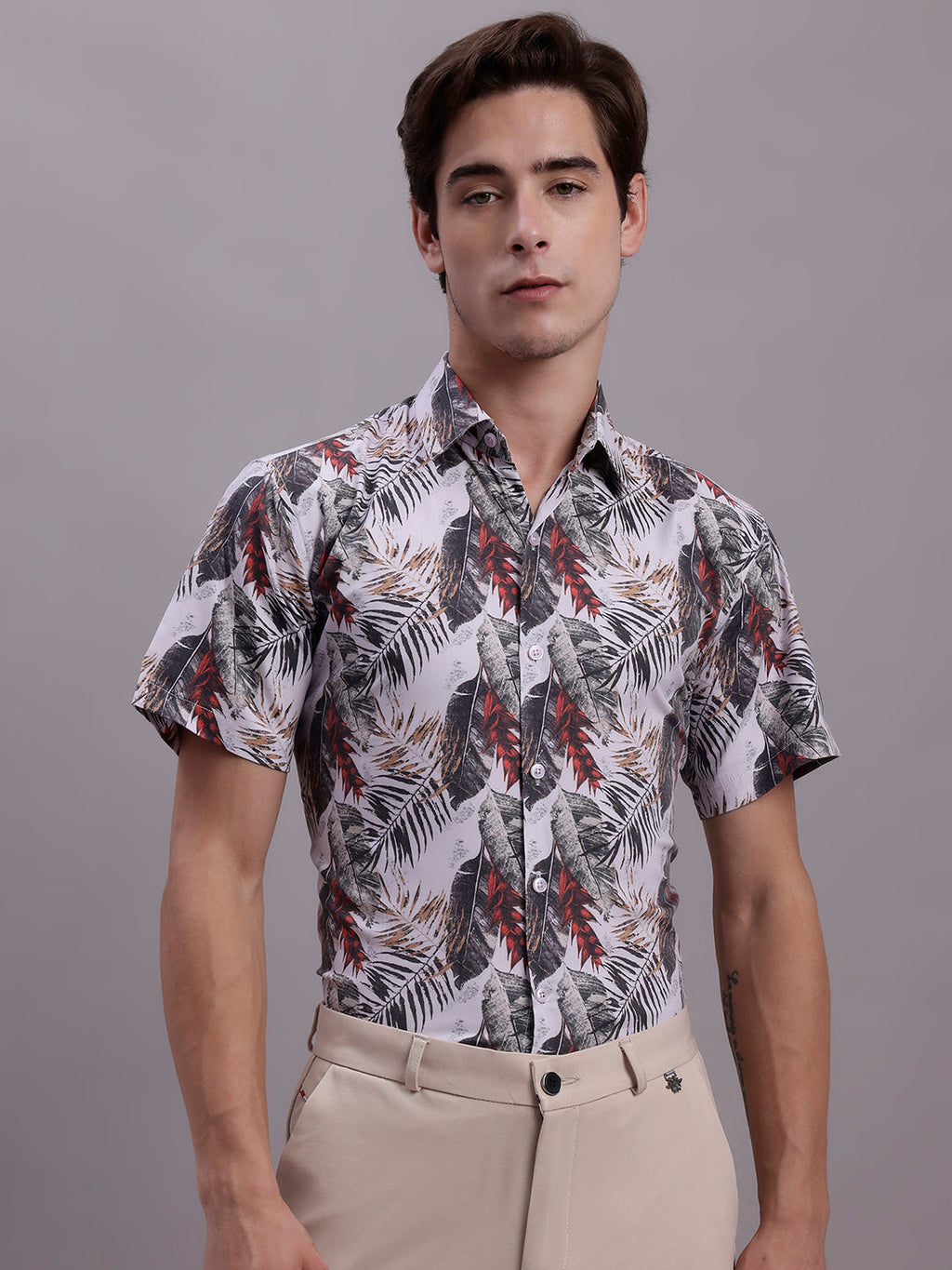 Jainish Men's Floral Printed Formal Shirt - Red | Grocsy